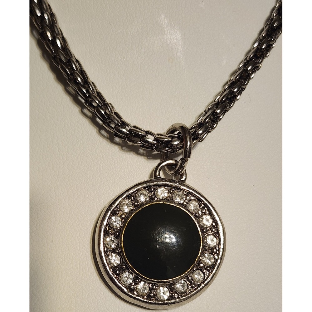 Silver Tone Black Enamel Rhinestone Halo Pendant Popcorn Chain Necklace 16" - Picture 1 of 7